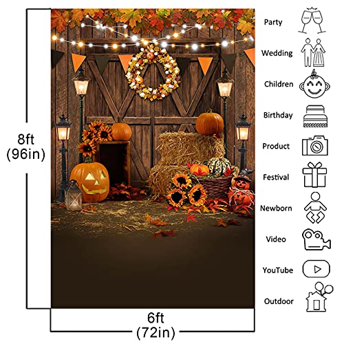 Avezano Fall Thanksgiving Photography Backdrop Autumn Pumpkin Harvest Barn Background Maple Leaves Rustic Wooden Door Garland Backdrops for Portrait Photoshoot Photo Studio (6x8ft) - size: 6x8ft