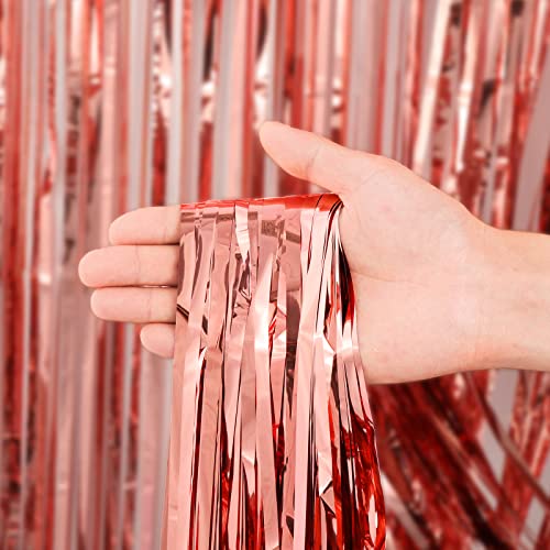 Voircoloria 3 Pack 3.3x8.2 Feet Rose Gold Foil Fringe Backdrop Curtains, Tinsel Streamers Birthday Party Decorations, Fringe Backdrop for Graduation, Baby Shower, Gender Reveal, Disco Party - color: 18 Rose