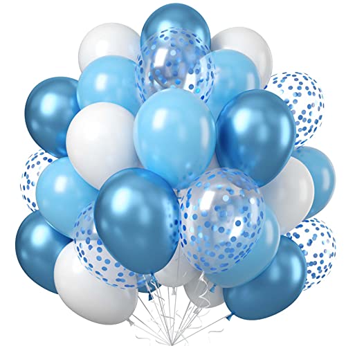 Blue and White Balloons, 12 Inch Light Blue White Latex Party Balloon Set Metallic Blue Balloons and Blue Confetti Helium Balloons for Kids Birthday Wedding Baby Shower Christening Party Decorations - color: Blue White