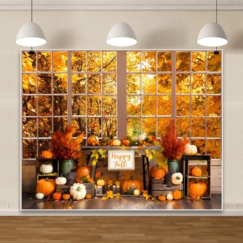 Fall Thanksgiving Backdrop for Photography 10x8ft Autumn Forest Window Pumpkin Harvest Maple Leaves Photo Backdrop Thanksgiving Friendsgiving Party Decor Kids Adult Portrait Photo Booth Props