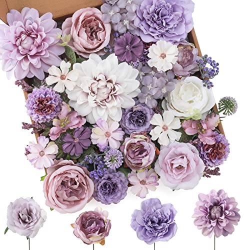 Floweroyal Artificial Flowers Combo Purple Flowers Mix Silk Flowers Dahlia Roses with Stems for DIY Wedding Bridal Bouquets, Baby Shower, Floral Arrangement, Table Centerpieces, Home Decorations. - color: Purple