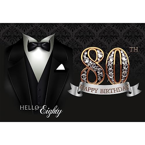 5x3ft Men 80th Birthday Background for Photography Black Necktie Suit Tuxedo Hello Eighty Backdrop Banner Luxury Diamonds Gold 80th Happy Birthday Party Supplies Portrait Photoshoot Props - color: black gold 80, size: 5x3ft