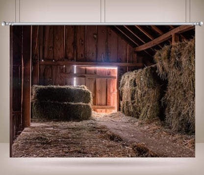 5x3ft Inside Old Dirty Barn Backdrop Hay Bales Dark Wood Beams Barn Interior Photography Background Haystack Country Farmhouse Backgrounds Party Photoshoot Props - size: 5x3ft