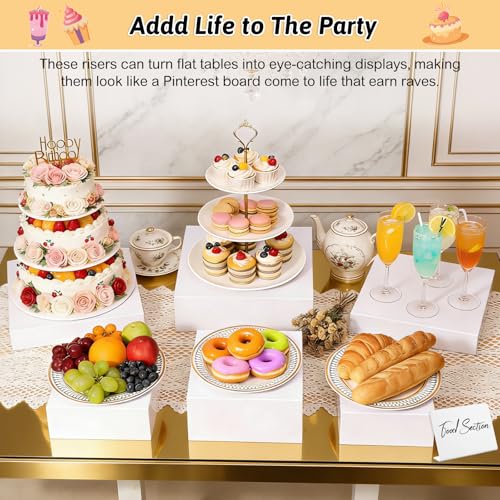 Billbotk 8 Pieces White Buffet Risers with Label Stands, Serving Tong and Markers for Party, Display Stands for Jewelry Display, Home Display, Table décor(12"/11"/ 10.5" /9.5"/ 8.5" /7.5" 6.8"/ 5")