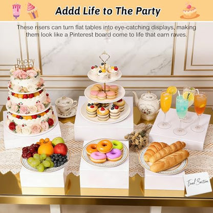 Billbotk 8 Pieces White Buffet Risers with Label Stands, Serving Tong and Markers for Party, Display Stands for Jewelry Display, Home Display, Table décor(12"/11"/ 10.5" /9.5"/ 8.5" /7.5" 6.8"/ 5")