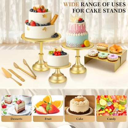 Lallisa 11 Pcs Gold Cake Stand Set Cake Stand Set for Dessert Table 3 Size Metal Round Cakes Pedestal Stands with 4 Size Cupcake Risers Stands Clamp, Cakes Knife and Server for Party Birthday Wedding