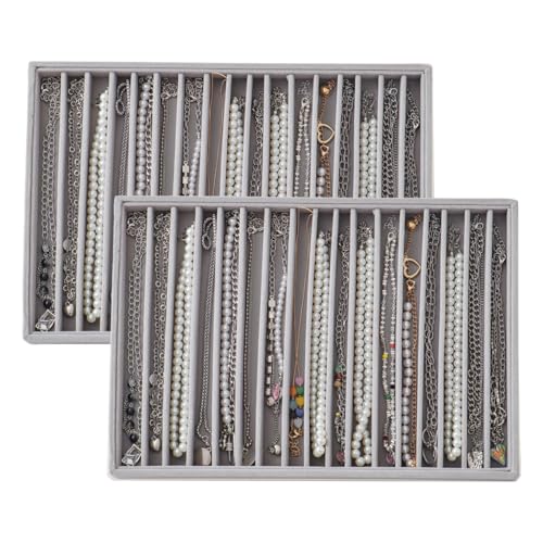 Large Velvet Jewelry Tray 2 Pack Stackable Jewelry Display Drawer Inserts Trays Organizer for Earring Bracelet Necklace Ring (Gray, 16 Grids) - color: Gray, size: 16 Grids