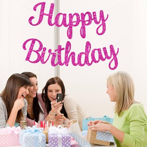 BEISHIDA Happy Birthday Banner - NO DIY,Rose Red 10Feet Pre-Strung-Glitter Birthday Sign Garland Backdrop Decorations for Women men Party - color: rose red