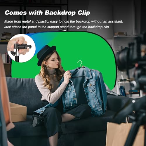 Soonpho 5x7ft/1.5x2m Collapsible Chromakey Backdrop, 2-in-1 Double-Sided Green and Blue Screen Panel Backdrop with 6.5ft/2m Light Stand, Reflector Clip and Clamps for Photo Studio Video Shooting