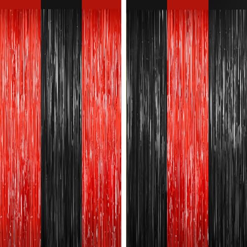 Black and Red Tinsel Backdrop Foil Fringe Curtains - 2 Packs Door Streamers Backdrop for Birthday Door Decorations, Party Supplies for Bachelorette, Graduation, Christmas, Disco Decor - color: Black and Red