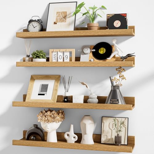 Heimlove Picture Ledge Shelf,24 inch Long Floating Shelves for Wall Set of 4,Picture Shelf with Lip for Wall Decor,Living Room,Bedroom,Bookshelf,Nursery,Perfume,Oak Color - color: Natural Oak, size: 24'', Set of 4