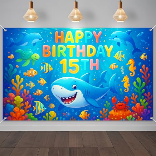 IVN Happy 15th Birthday Backdrop Banner 71x43 Inch Ocean Theme Under the Sea Fifteenth Birthday Party Decorations Photography Background Photo Booth Props for Boys Girls - color: Happy Birthday 15th