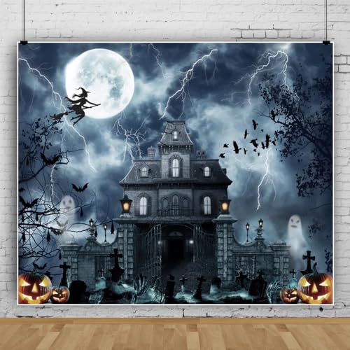 10x8ft Halloween Hunted House Backdrop for Photography Spooky Ghost Witch Backdrop Scary Moon Night Creepy Cemetery Background Photo Prop Halloween Tapestry for Wall - color: Black 25779