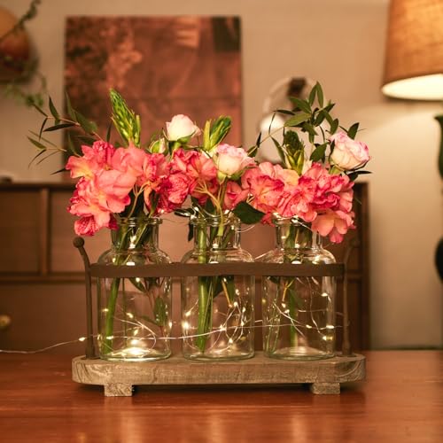 Vase Set with Flower and LED Lights, 3 Glass Mason Jars with Artificial Peony Flowers, Rustic Gray-Washed Wood Tray, Farmhouse Table Decor