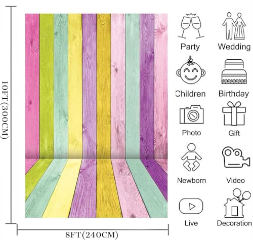 XCKALI Colorful Wood Photography Background Colorful Rustic Wooden Texture Easter Backdrop Party Decor Photo Props (8x10ft) - size: 8x10ft