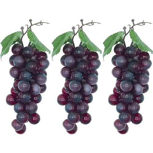 Featuman 3 Bunches Artificial Grapes Fake Fruit, 7 Inch Decorative Fruit Lifelike Grapes for Craft, Plastic Fruit for Party Kitchen Pub Wedding Sukkot Wine Decor Fruit Display (36 Grains Purple) - color: Purple Grape & 36