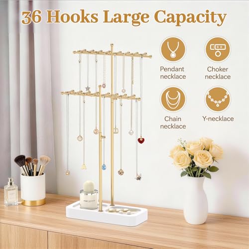 MODOWEY Necklace Holder Organizer Stand with Wood Tray, 36 Hooks Tall Display Tree for Women Men Vendors, Adjustable 2 Tier Metal Jewelry Rack, Large Capacity for Dresser Small Space, Gold+White - color: Gold+White, size: 2 Tier