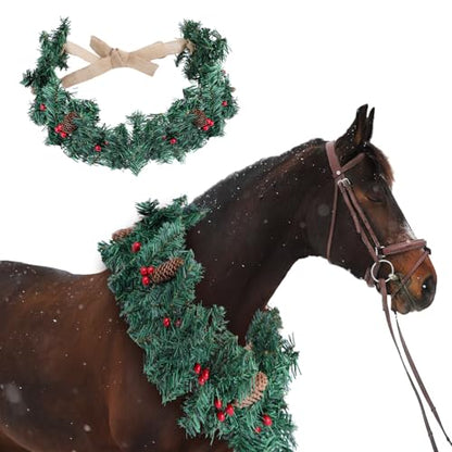 Dingion Christmas Wreath Horse Christmas Horses Neck Garland 16.9 Inches Artificial Outdoor Garland Horse Costume Rustic Farmhouse Decor for Xmas Holiday Party Parades Supplies(Green Wreath Style) - style: Green Wreath Style