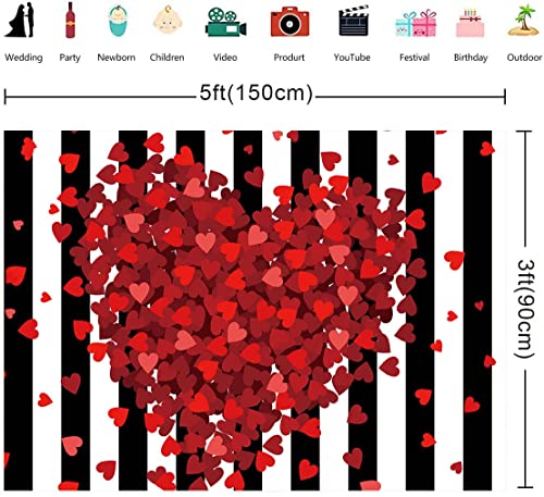 Red Hearts Backdrop for Wedding Anniversary, 5x3FT Black White Striped Background, Romantic Patry Banner Photo Booth Props RBJMYLU35 - size: polyester microfiber fabric-5x3ft