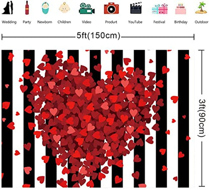 Red Hearts Backdrop for Wedding Anniversary, 5x3FT Black White Striped Background, Romantic Patry Banner Photo Booth Props RBJMYLU35 - size: polyester microfiber fabric-5x3ft