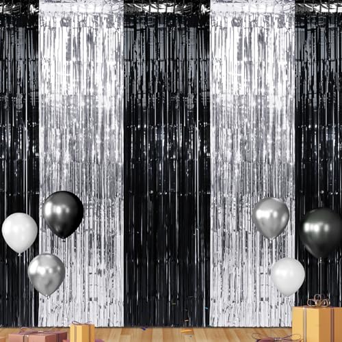 6 Pack 3.3Ft x 6.6Ft Graduation Foil Fringe Curtain Backdrop Decorations, Black Silver Metallic Tinsel Foil Streamers Curtain Photo Background for Graduation Prom Wedding Birthday Party Decorations - color: Black Silver