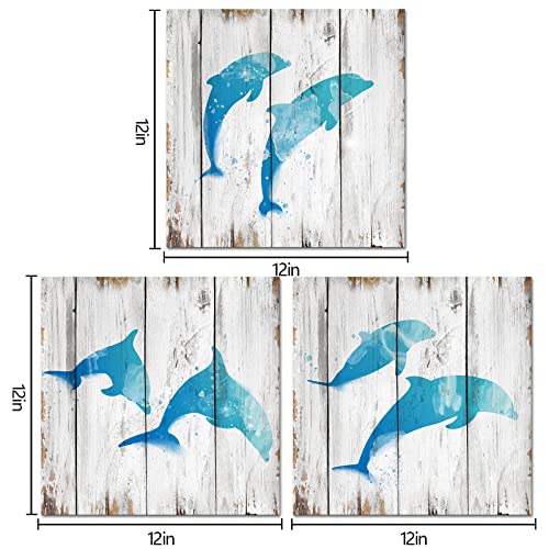 HOMEOART Jumping Dolphins Teal Blue Bathroom Wall Decor Ocean Animal Painting Wood Texture Background Art Print on Canvas Framed Artwork Ready to Hang 12"x12"x3Panels