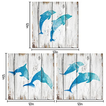 HOMEOART Jumping Dolphins Teal Blue Bathroom Wall Decor Ocean Animal Painting Wood Texture Background Art Print on Canvas Framed Artwork Ready to Hang 12"x12"x3Panels