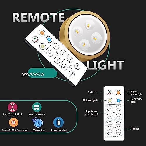 3-Pack Picture Light Battery Operated, Magnetic Led Lights with Remote, Dimmable and Timer Painting Light, Art Display Light for Picture Frame Artworking Portrait, Home Wall Decor Puck Lights, Gold