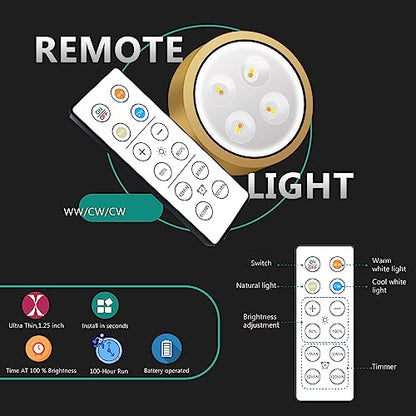 3-Pack Picture Light Battery Operated, Magnetic Led Lights with Remote, Dimmable and Timer Painting Light, Art Display Light for Picture Frame Artworking Portrait, Home Wall Decor Puck Lights, Gold