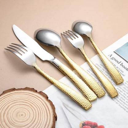 Hammered Silverware Set For 4,Forks and Spoons 18/10 Stainless Steel Heavy Duty Silverware Gold Cutlery Set 20 Piece Flatware Set,Mirror Polished,Dishwasher Safe (20 pcs gold) - color: 20pcs Gold