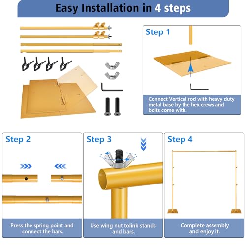 HYJ-INC Pipe and Drape Photography Backdrop Stand Kit - Titanium Gold Adjustable Photo Background Stand 10ft x 6.5ft with Metal Base for Parties Weddings Birthday Party Events Photo Booth