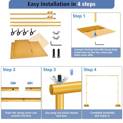HYJ-INC Pipe and Drape Photography Backdrop Stand Kit - Titanium Gold Adjustable Photo Background Stand 10ft x 6.5ft with Metal Base for Parties Weddings Birthday Party Events Photo Booth