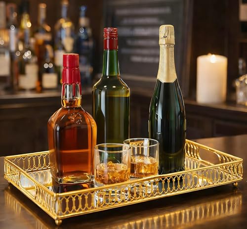 1-Pack Bar Cart Tray Decorative Mirrored Tray with Handles Gold for Jewelry Perfume Organizer Makeup and Bar Cart Tray Size: 13.7 x 9.8 inches