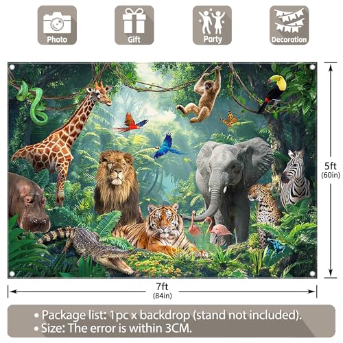 Fabric 7x5ft Jungle Forest Animals Photography Backdrop Tropical Rainforest Safari Background Wild Party Decorations Kids Event Photo Banner Props - size: 7'x5'