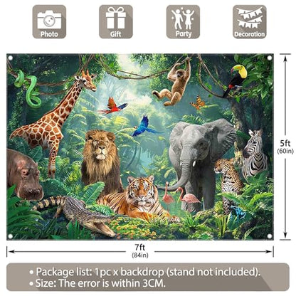 Fabric 7x5ft Jungle Forest Animals Photography Backdrop Tropical Rainforest Safari Background Wild Party Decorations Kids Event Photo Banner Props - size: 7'x5'