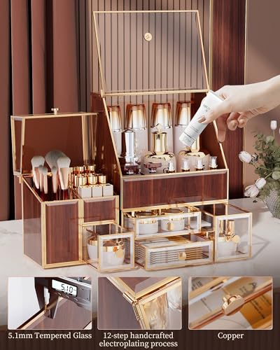Youdepot Glass Makeup Storage for Vanity and Bathroom Countertop – Large Cosmetic Display Case and Skincare Storage Solution - color: golden yellow