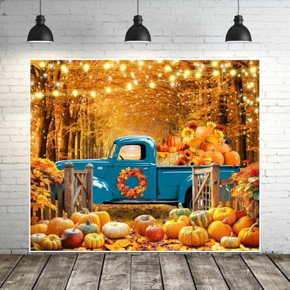 Fall Thanksgiving Backdrop Banner Decorations 10x8ft Autumn Forest Backdrop Pumpkin Harvest Truck Hay Sunflower Photography Background Kids Adults Family Friendsgiving Party Portrait Photo Props