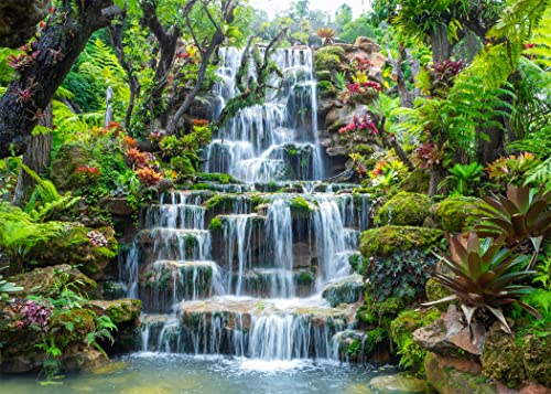 BELECO 9x6ft Fabric Garden Waterfall Backdrop Mountain Rocks Flowing Water Lake River Green Forest Trees Nature Background Home Wall Decor Photo Booth Shoot Studio Props - size: 9x6FT