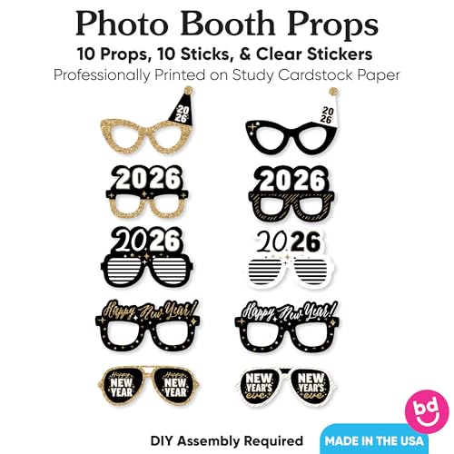 Big Dot of Happiness Hello New Year Glasses - Paper Card Stock 2026 NYE Party Photo Booth Props Kit - 10 Count