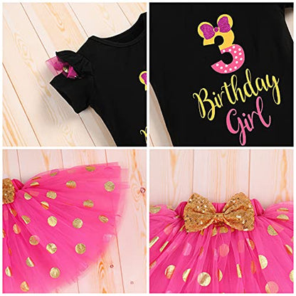 IBTOM CASTLE Cake Smash Half 1st 2nd 3rd Birthday Girl Princess Polka Dots Ruffle Skirt Set ONE Party Costume Headband - color: Rose+black-3rd, size: 3T