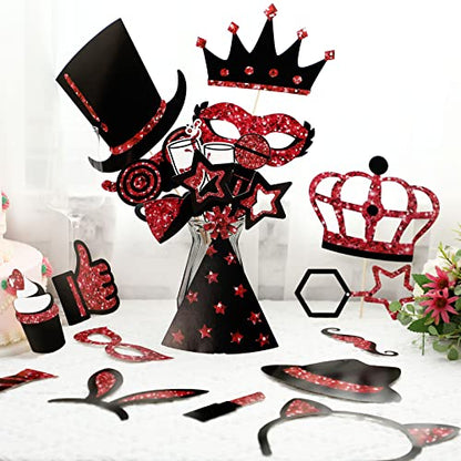 Zonon 24 Pcs Funny Photo Booth Props Class of 2026 Graduation Birthday Wedding Family Class Reunion Prom Disco Party Celebration Decoration Supplies Mix of Hats, Lipstick, Tie(Burgundy and Black) - color: Burgundy and Black