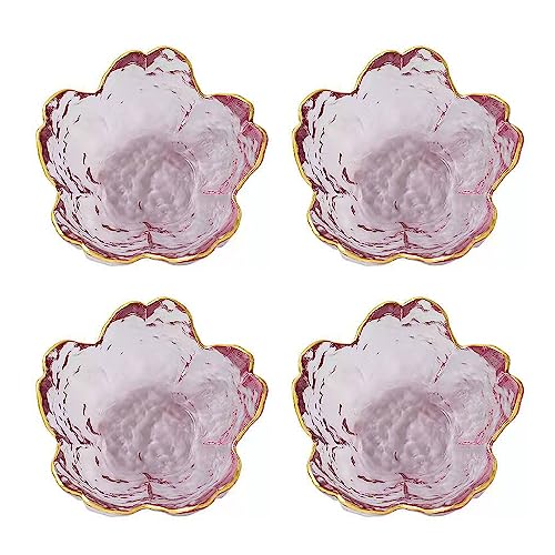 4 Pack Sakura Sauce Dishes Set, Pink Cherry Flower Crystal Glass Appetizer Plates Dipping Bowls Tasting Dishes Serving Dish Seasoning Saucers Bowl Little Bowls Ice Cream Snack Sushi Soy Condiment Dish - color: Glass Sakura Gold Rim