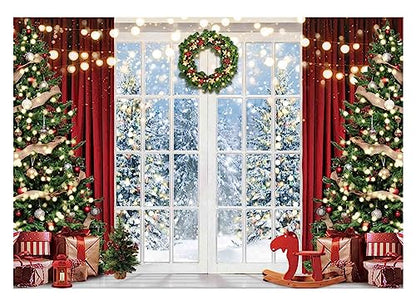 Allenjoy 82" x 59" Christmas Window Backdrop for Photography Winter Merry Xmas Tree Background Snow Holiday Photobooth Portrait Party Banner Festival Photo Studio Props Supplies - size: 82x59 in