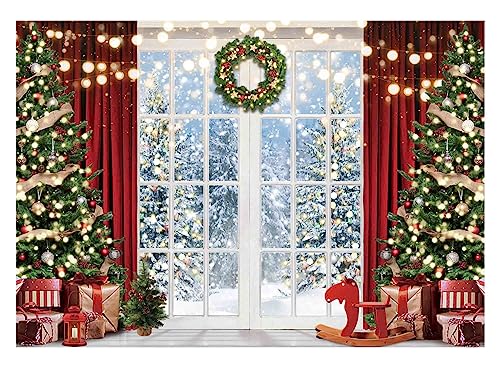 Allenjoy 82" x 59" Christmas Window Backdrop for Photography Winter Merry Xmas Tree Background Snow Holiday Photobooth Portrait Party Banner Festival Photo Studio Props Supplies - size: 82x59 in