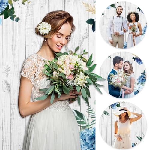 YongFoto Boho Rustic Wood Plank Wall Backdrop 6x4ft Blue Floral Hydrangeas Camellia Flowers Green Leaves Plants Spring Photography Background Birthday Wedding Bridal Baby Shower Party Banner - size: 6x4ft