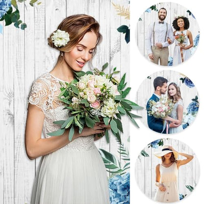 YongFoto Boho Rustic Wood Plank Wall Backdrop 12x8ft Blue Floral Hydrangeas Camellia Flowers Green Leaves Plants Spring Photography Background Birthday Wedding Bridal Baby Shower Party Banner - size: 12x8ft