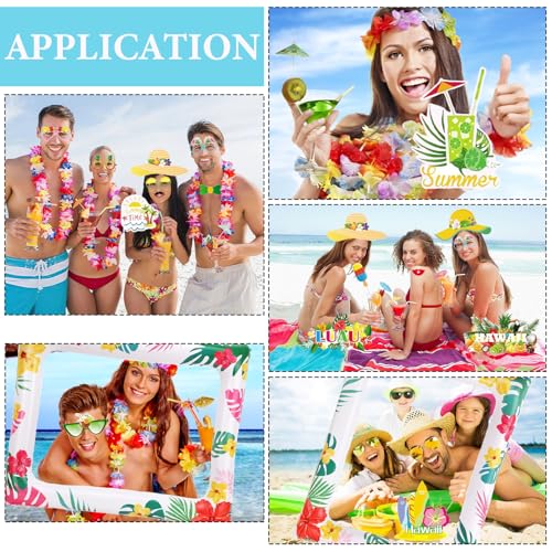 Hawaiian Party Photo Booth Props Kit, 30 PCS Luau Photo Booth Props with Large Inflatable Selfie Picture Frame for Hawaiian Tropical Tiki Summer Pool Party Supplies - size: Hawaiian Inflatable Frame