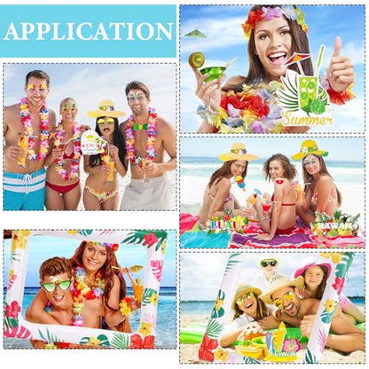 Hawaiian Party Photo Booth Props Kit, 30 PCS Luau Photo Booth Props with Large Inflatable Selfie Picture Frame for Hawaiian Tropical Tiki Summer Pool Party Supplies - size: Hawaiian Inflatable Frame