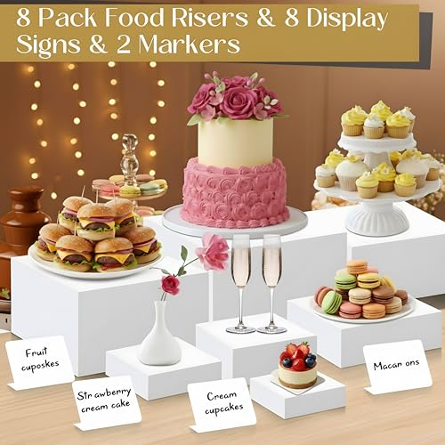 Blosssound 8 Pieces White Acrylic Risers with 8 Signage 2 Markers, 3-10 Inch Cube Nesting Risers Display Stands with Hollow Bottoms for Buffet Table Catering Dessert Food Collectibles Show