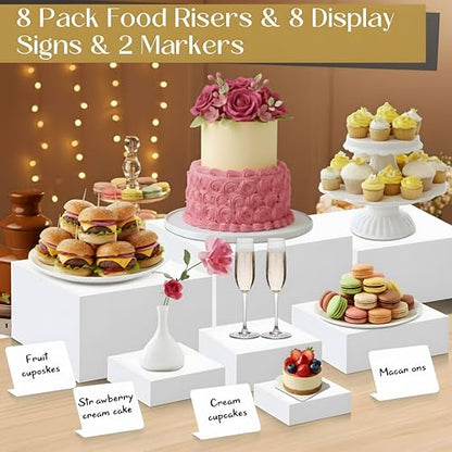 Blosssound 8 Pieces White Acrylic Risers with 8 Signage 2 Markers, 3-10 Inch Cube Nesting Risers Display Stands with Hollow Bottoms for Buffet Table Catering Dessert Food Collectibles Show